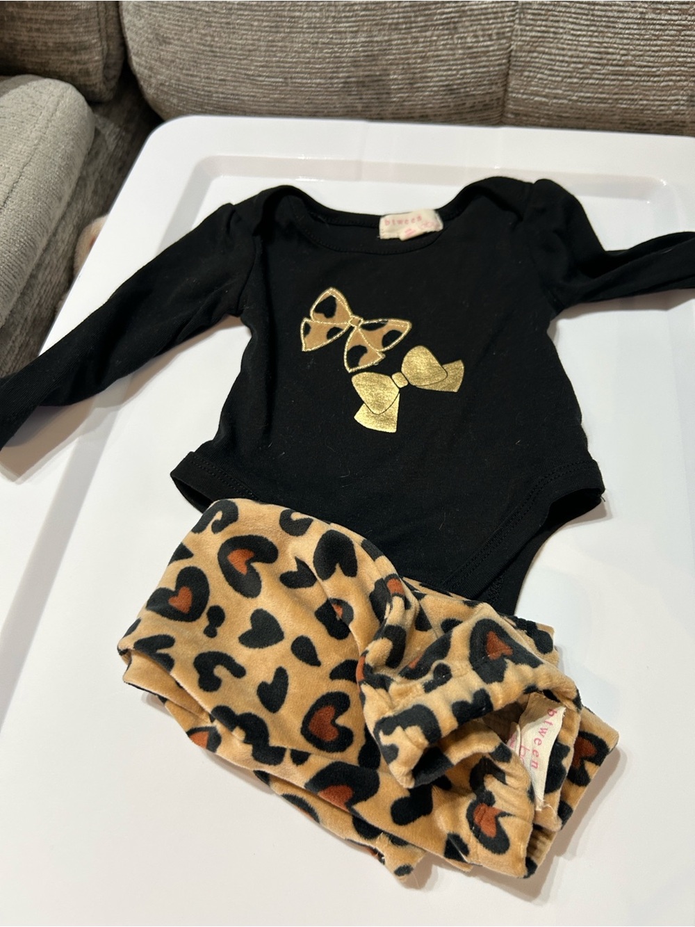btween Bodysuit and Fleece Leopard Heart Flared Leggings - Tan, Black & Brown